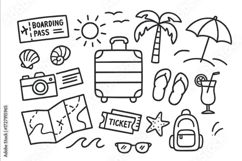 Tropical Travel Doodle Icons. Hand-drawn doodle illustration tropical holiday travel suitcase, boarding pass, sun, palm tree, beach umbrella, sunglasses, flip