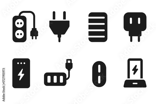 Plug Accessories Icons. Solid, filled icon set of plug accessories: extension cord, plug adapter, cable organizer, plug cover, power bank, USB hub, cable clip,