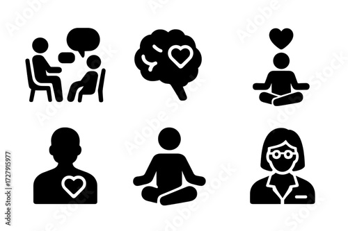 Mental Health Icons. Solid, filled icon set of mental help: therapy session, brain with heart, mindfulness, help group, self-care, meditation, mental health