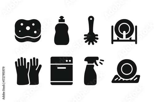 Dishwashing Icons Set. Solid, filled icon set of dishwashing items: sponge, dish soap, scrub brush, dish rack, gloves, dishwasher, rinse spray, drying mat.