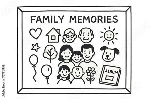 Family Memories Doodle. Hand-drawn doodle illustration Framed family memories photo frame, smiling faces, heart, house, star, sun, tree, pet, grandparents,