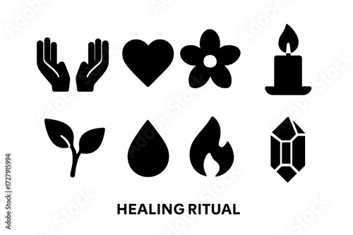Healing Ritual Icons. Solid, filled icon set of healing ritual: hands, heart, flower, candle, herb, water drop, flame, crystal. [Line icons in only black