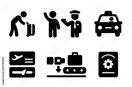 Politeness Travel Icons. Solid, filled icon set of politeness in travel: luggage assistance, greeting customs officer, polite taxi driver, boarding pass,