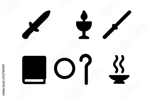 Ritual Tools Icons. Solid, filled icon set of ritual tools: knife, chalice, candle, wand, book, circle, staff, incense. [Line icons in only black color. All