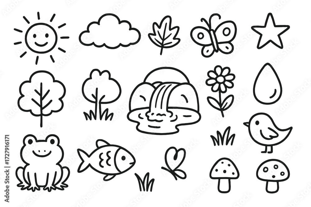 Fototapeta premium Springtime Doodle Icons. Hand-drawn doodle illustration spring water spring, rock, tree, flower, grass, frog, fish, bird, butterfly, water droplet, sun, cloud,