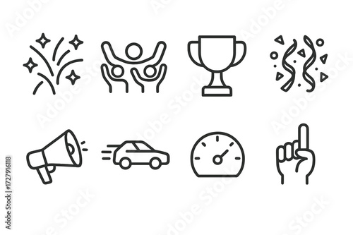 Excitement Icons Set. Outline icon set of excitement: fireworks, cheering crowd, trophy, confetti, megaphone, fast car, speedometer, winner hand. Line icons in