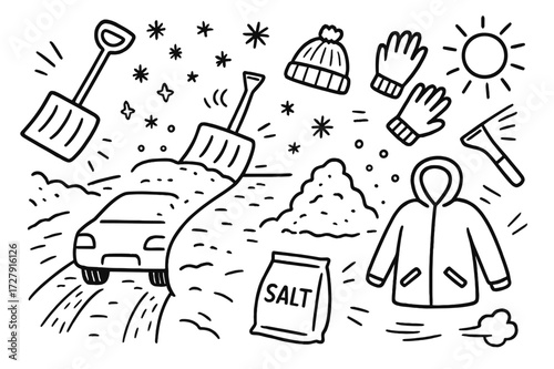 Winter Shoveling Doodle. Hand-drawn doodle illustration snowy driveway clearing snow shovel, driveway, car tires, snow pile, snowflakes, ice scraper, winter