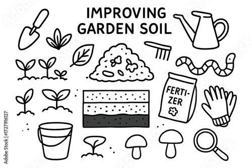 Garden Tools Icons. Hand-drawn doodle illustration [improving garden soil] [trowel, shovel, rake, watering can, plant seedlings, leaf, worm, compost pile,