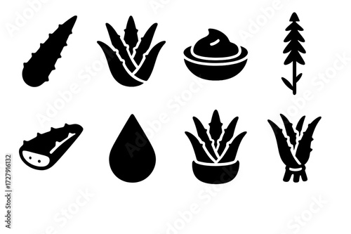 Aloe Vera Icon Set. Solid, filled icon set of aloe vera plants: aloe vera leaf, aloe vera plant, aloe vera gel, aloe vera flower, sliced aloe leaf, aloe sap