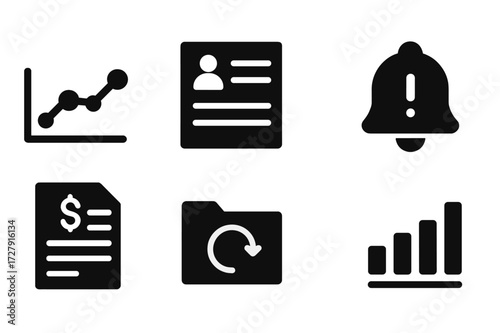Credit History Icon Set. Solid, filled icon set of credit history: timeline chart, credit report, checkmark, overdue alert, financial summary, history folder,
