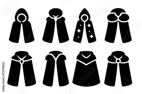 Cloak Icons Collection. Solid, filled icon set of cloaks: hooded cloak, royal cloak, magic cloak, winter cloak, battle cloak, fur-lined cloak, velvet cloak,