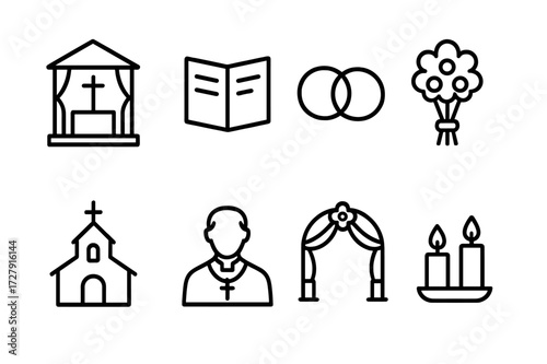 Wedding Icon Set. Outline icon set of wedding ceremony: altar, vows, wedding rings, bouquet, church, priest, wedding arch, candles. Line icons in only black