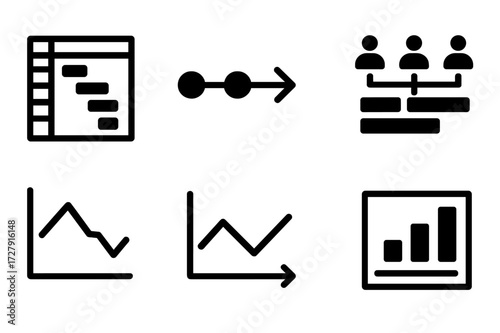 Project Management Icons. Solid, filled icon set of project management graphs: gantt chart, milestone graph, task progress, resource allocation, workload