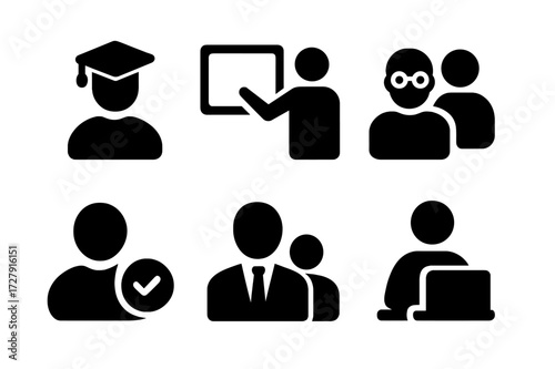 Assignment Participants Icons. Solid, filled icon set of assignment participants: student, teacher, mentor, team, client, supervisor, reviewer, assistant.