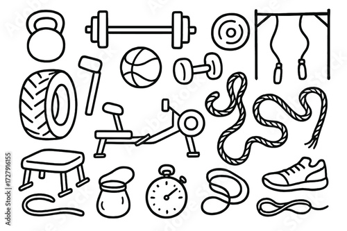 Gym Equipment Doodles. Hand-drawn doodle illustration gym equipment kettlebell, barbell, dumbbell, weight plate, medicine ball, rowing machine, pull-up bar,