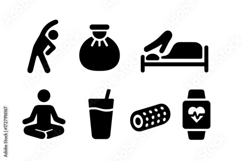 Stamina Recovery Icons. Solid, filled icon set of stamina recovery: stretching figure, ice pack, massage hand, sleeping bed, yoga pose, smoothie glass, foam