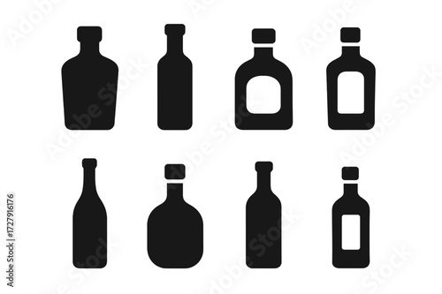 Bar Shelf Icons. Solid, filled icon set of bar shelf items: whiskey bottle, vodka bottle, rum bottle, gin bottle, tequila bottle, wine bottle, liqueur bottle,