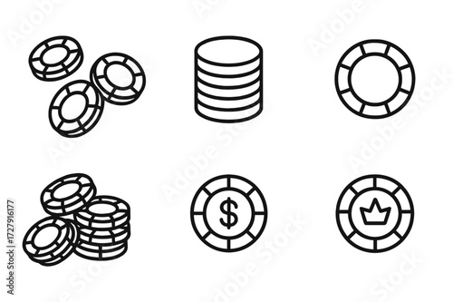 Chip Icon Set. Outline icon set of chip collection: assorted chips, chip stack, single chip, chip pile, chip with dollar sign, chip with number, chip with