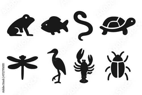 Aquatic Animal Icons. Solid, filled icon set of aquatic animals associated with rusalka: frog, fish, snake, turtle, dragonfly, heron, crayfish, beetle. Solid,