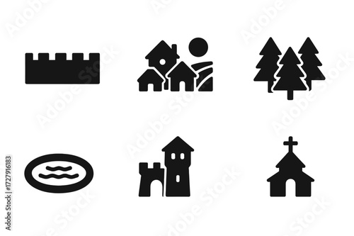 Lord's Domain Icons. Solid, filled icon set of lord?s domains: castle walls, village, farmland, forest, moat, gatehouse, watchtower, chapel. Solid, filled