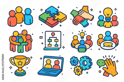 Colorful Teamwork Icons. Teamwork. Colorful isometric vector icons set of Teamwork: group of people, puzzle pieces fitting together, hands joining, team