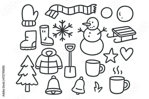 Winter Doodle Fun. Hand-drawn doodle illustration Snowball fight fun mitten, hat, scarf, boots, snowball, snowflake, snowman, sled, jacket, shovel, star,