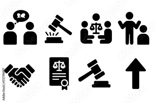 Dispute Resolution Icons. Solid, filled icon set of dispute resolution: negotiation, arbitration, mediation, litigation, settlement, court order, injunction,
