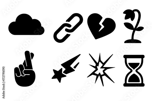 Symbols of Despair. Solid, filled icon set of despair symbols: black cloud, broken chain link, cracked heart, wilted flower, crossed fingers, falling star,