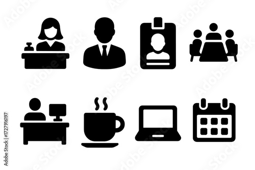Office Icon Set. Solid, filled icon set of headquarters staff: receptionist, manager, employee badge, meeting, desk, coffee cup, laptop, calendar. [Line icons