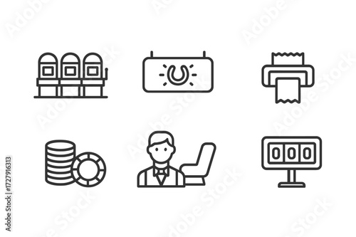 Casino Icon Set. Outline icon set of slot machine environment: casino floor, neon sign, jackpot lights, ticket dispenser, chip stack, bartender, lounge chair,