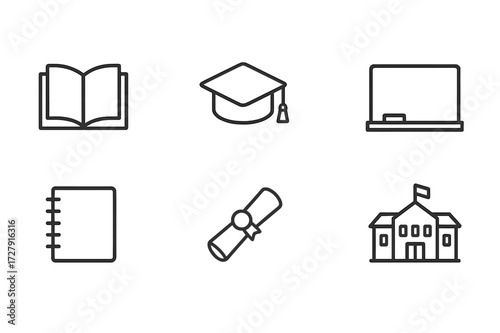 Educational Icons Set. Outline icon set of educational support: book, graduation cap, teacher, blackboard, notebook, diploma, pencil, school building. Line