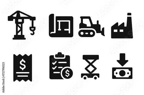 Capital Expenditure Icons. Solid, filled icon set of capital expenditure: construction crane, blueprint, machinery, factory building, payment invoice, budget