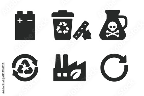 Power Cell Recycling Icons. Solid, filled icon set of power cell recycling: battery disposal, recycling bin, metal scrap, chemical waste, recycling plant, eco