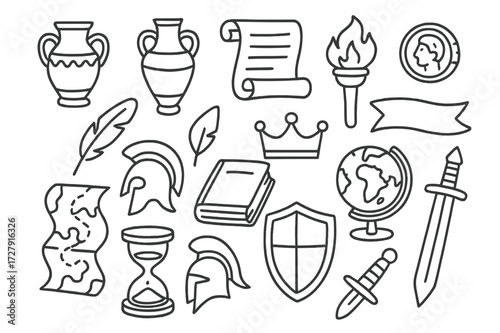 Ancient Artifacts Doodle. Hand-drawn doodle illustration teaching with artifacts pottery, amphora, scroll, coin, quill, torch, book, map, globe, crown, helmet,