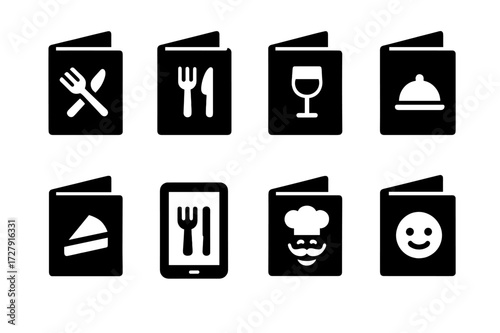Menu Icons Grid. Solid, filled icon set of menu basics: menu book, food list, drink list, daily specials, dessert menu, digital menu, chef?s recommendation,