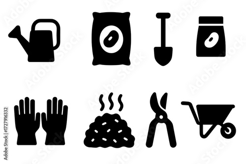 Organic Farming Tools. Solid, filled icon set of organic bean farming tools: watering can, compost bag, hoe, seed packet, garden gloves, mulch, pruning shears,