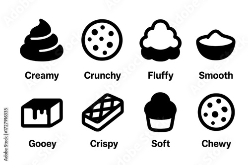 Dessert Texture Icons. Solid, filled icon set of dessert textures: creamy, crunchy, fluffy, smooth, gooey, crispy, soft, chewy. Line icons in only black color.