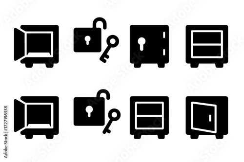 Empty Safe Icons. Solid, filled icon set of empty strongbox: open lid, unlocked, empty interior, key access, bare shelf, open door, no valuables, empty safe.