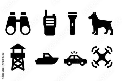 Border Patrol Tools. Solid, filled icon set of border patrol tools: binoculars, radio, flashlight, guard dog, watchtower, patrol boat, patrol car, drone.