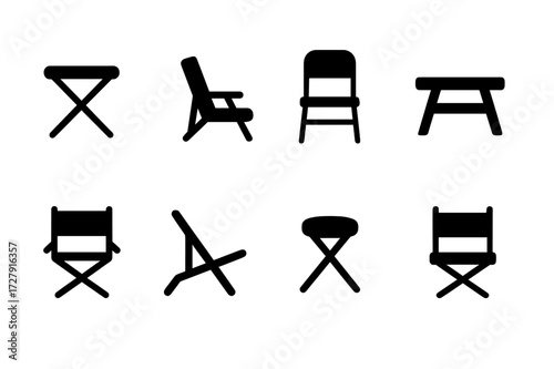 Foldable Chairs Icons. Solid, filled icon set of foldable and portable chairs: camping stool, foldable recliner, metal folding chair, picnic bench, director?s