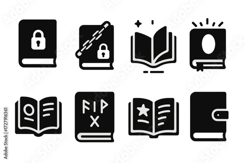 Grimoire Icon Set. Solid, filled icon set of grimoires: locked book, chained tome, floating grimoire, glowing cover, ancient manuscript, rune-covered book,