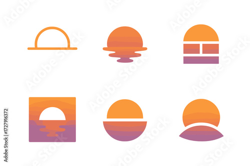 Twilight Glow Logos. Twilight glow. Set Logo of twilight glow: Sunset horizon. harmonious logo variations of the same emblematic concept (Minimal outline,