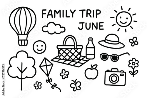 Family Trip Doodles. Hand-drawn doodle illustration family trip in June hot air balloon, picnic basket, blanket, apple, juice bottle, hat, sunglasses, camera,