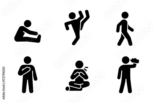 Sprint Warm-up Icons. Solid, filled icon set of sprint warm-up and cooldown: stretching, jogging, dynamic warm-up, cooldown walk, muscle warm-up, foam rolling,