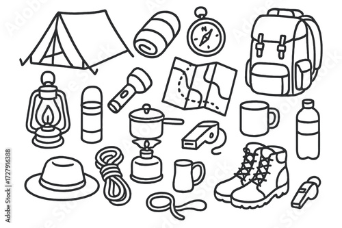 Camping Gear Essentials. Hand-drawn doodle illustration Camping gear tent, sleeping bag, backpack, lantern, flashlight, compass, map, stove, pot, mug, hiking