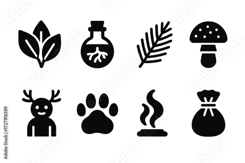 Forest Healer Icons. Solid, filled icon set of forest healer: leaf bundle, root vial, pine needle, mushroom tonic, forest spirit, animal pawprint, healing