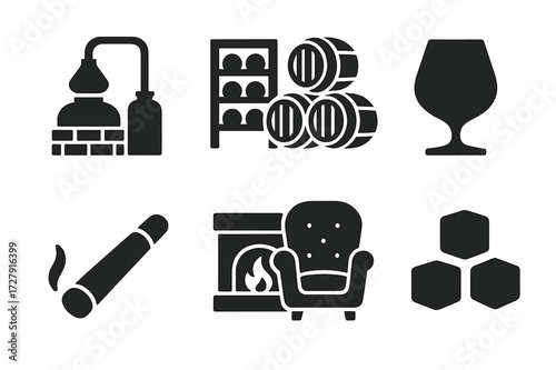 Brandy Icons Set. Solid, filled icon set of brandy cultural elements: vintage distillery, cellar racks, oak barrel stack, traditional glass, cigar, fireplace,