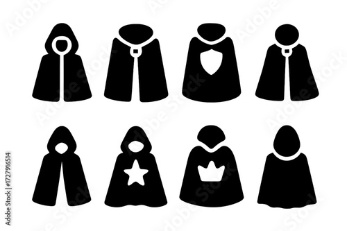 Mystical Cloak Icons. Solid, filled icon set of cloak symbolism: mystery cloak, power cloak, protection cloak, elegance cloak, secrecy cloak, magic cloak,