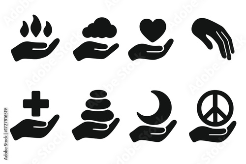 Soothing Sensations Icons. Solid, filled icon set of soothing touch sensations: warmth, softness, calm, relaxation, healing, balance, comfort, peace. Solid,