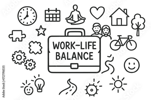 Work-Life Balance Icons. Hand-drawn doodle illustration work-life balance briefcase, clock, calendar, yoga pose, heart, family, house, tree, bicycle, sun,